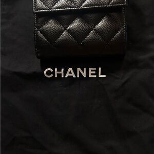 CHANEL Black Quilted Caviar Leather Compact Wallet